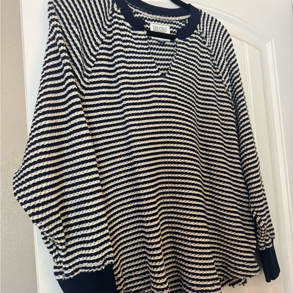 American Eagle Outfitters Navy & Cream Striped V-Neck Sweater